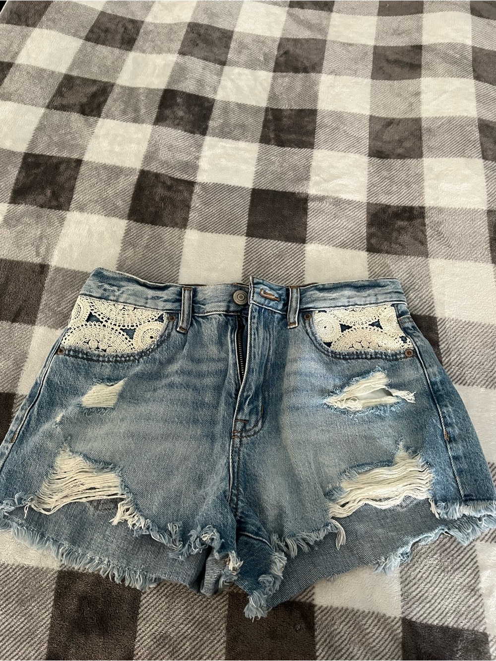 Aeropostale Light Blue Distressed Denim Shorts with Crochet Trim